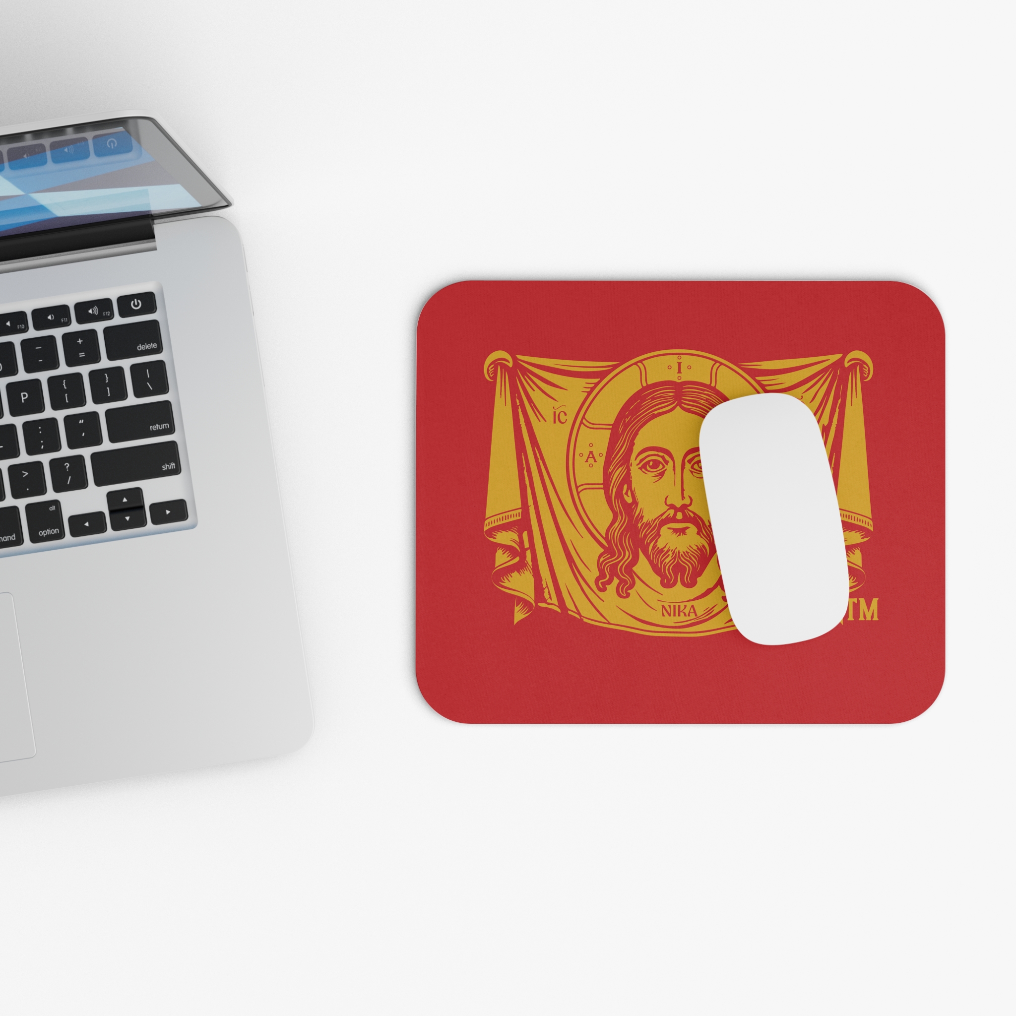 Holy Face of Jesus Icon Mouse Pad — Gold Christ Pantocrator Design on Red - Image 4