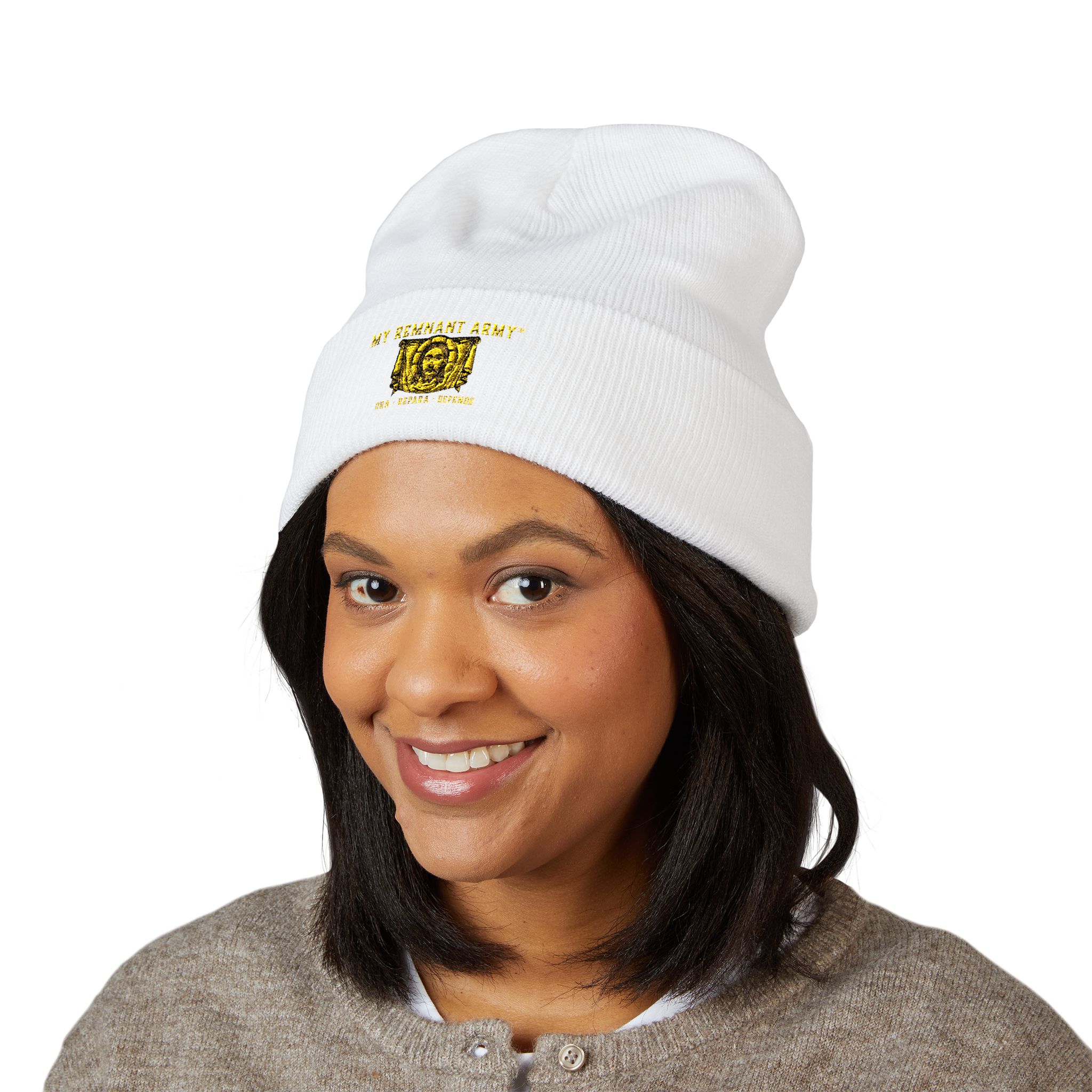 Embroidered Gold Crest Beanie — Classic Cuffed Knit Hat - Image 3
