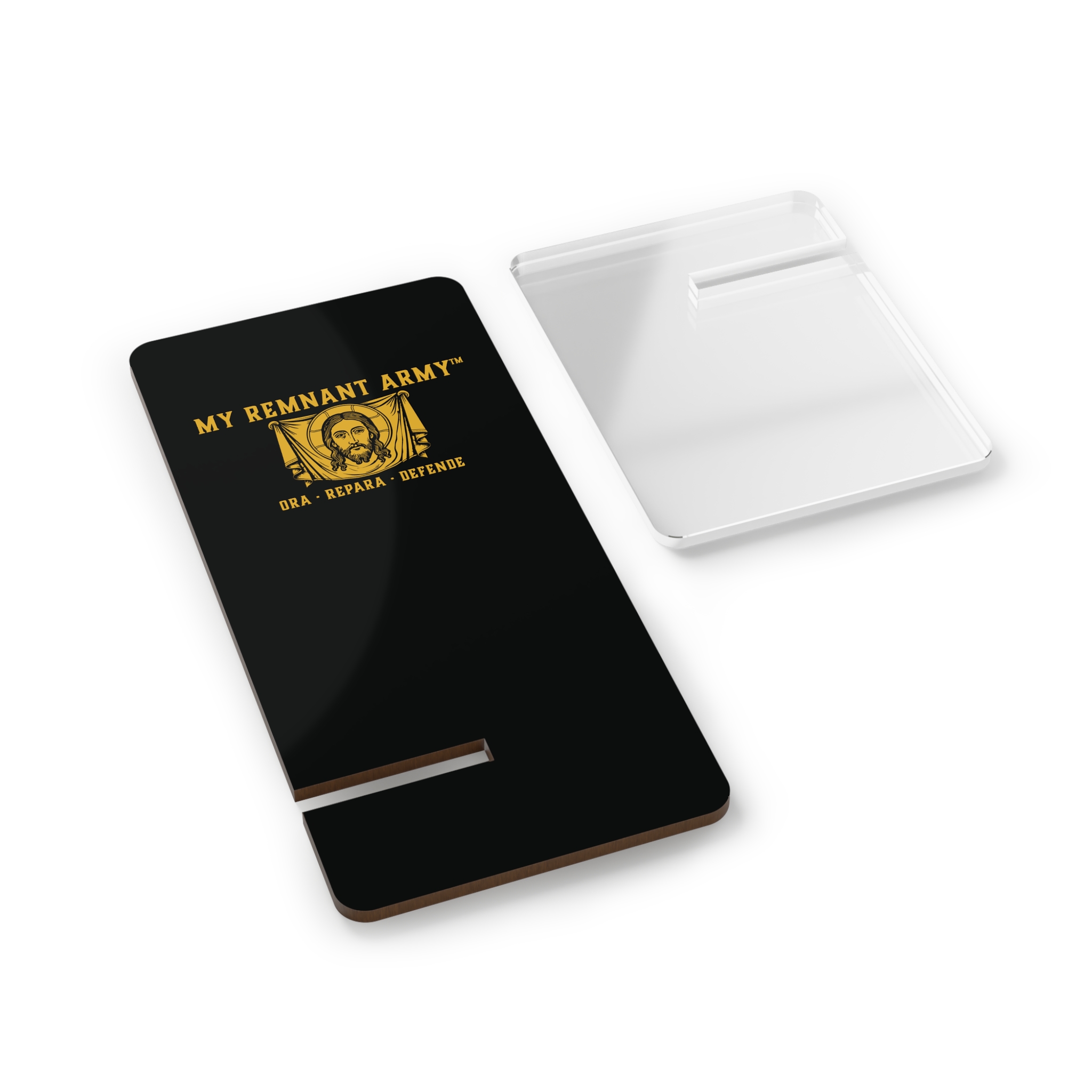 My Remnant Army™ Gold Logo Smartphone Stand — Black Acrylic Mobile Display - Image 2