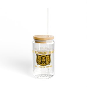 Glass Sipper Cup — Remnant Army Jesus Icon 16oz with Bamboo Lid & Straw