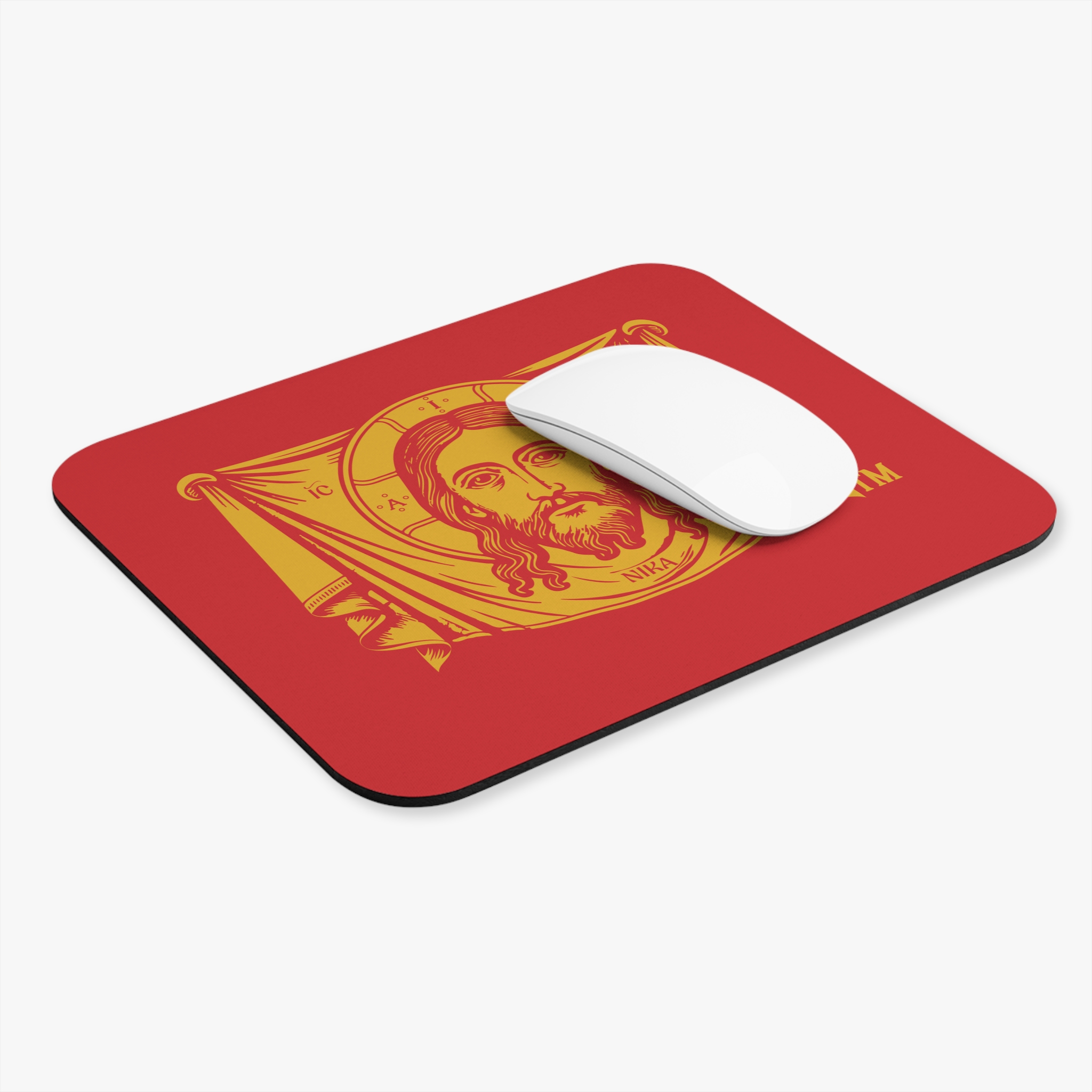 Holy Face of Jesus Icon Mouse Pad — Gold Christ Pantocrator Design on Red - Image 3