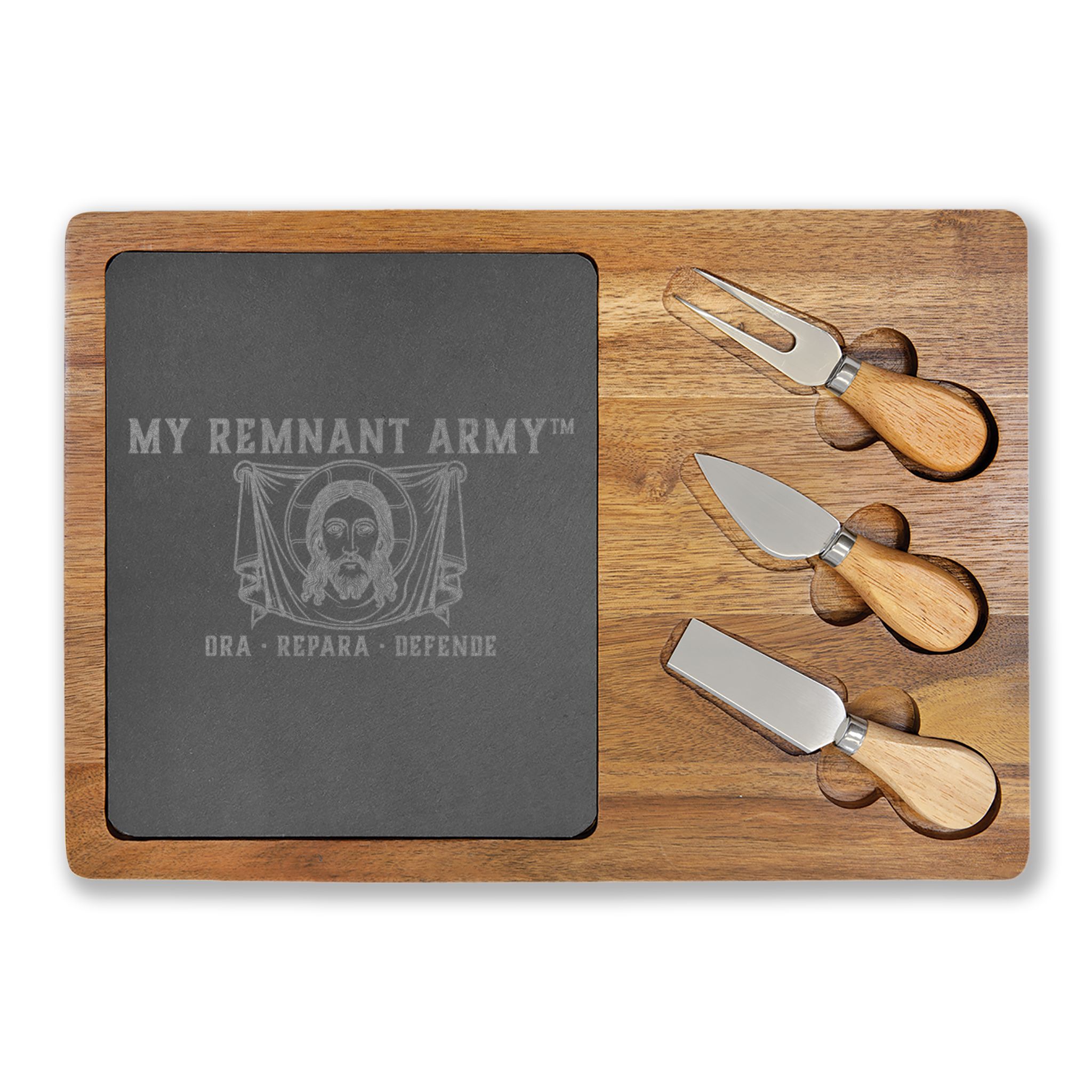 Engraved Charcuterie Board with Slate & 3 Cheese Knives – "My Remnant Army" Design