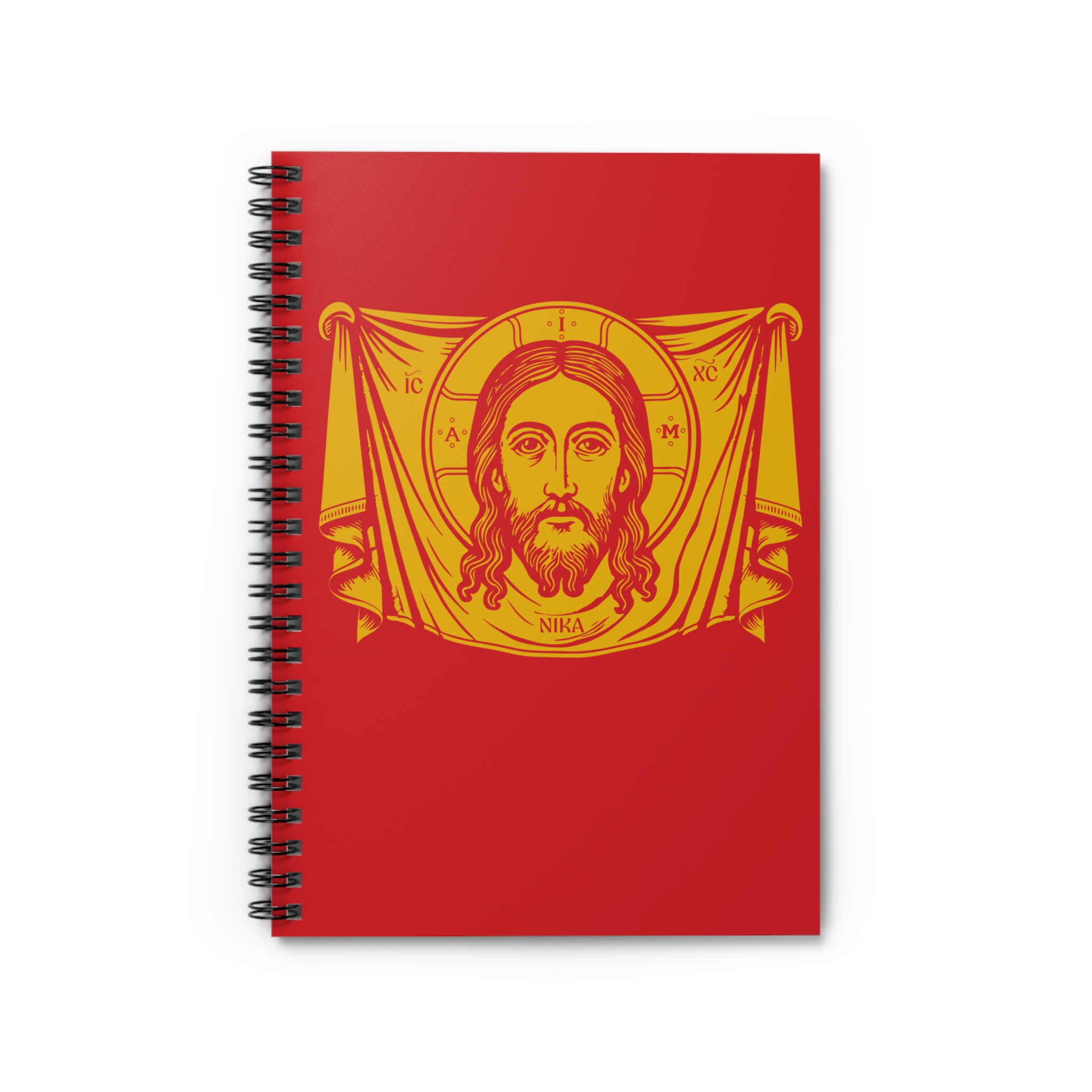 Christian Icon Spiral Notebook — Holy Face Red & Gold Ruled Journal