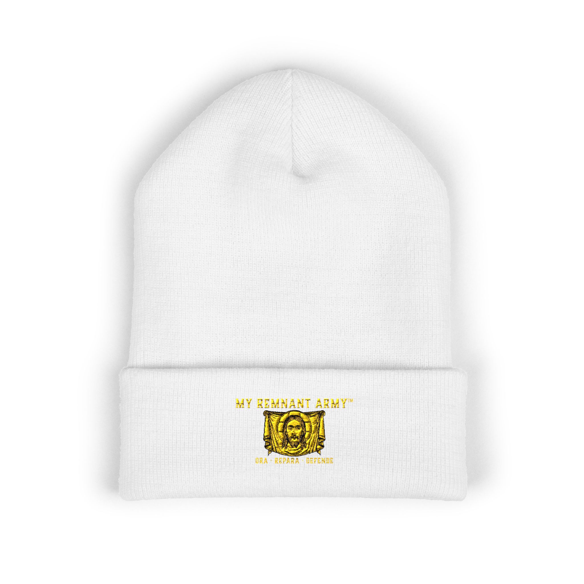 Embroidered Gold Crest Beanie — Classic Cuffed Knit Hat