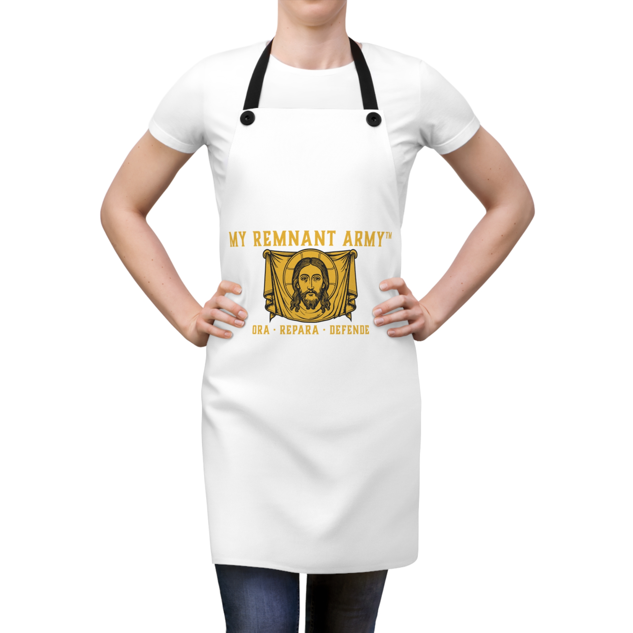 My Remnant Army Apron — 'Ora, Repara, Defende' Religious Kitchen Apron - Image 3