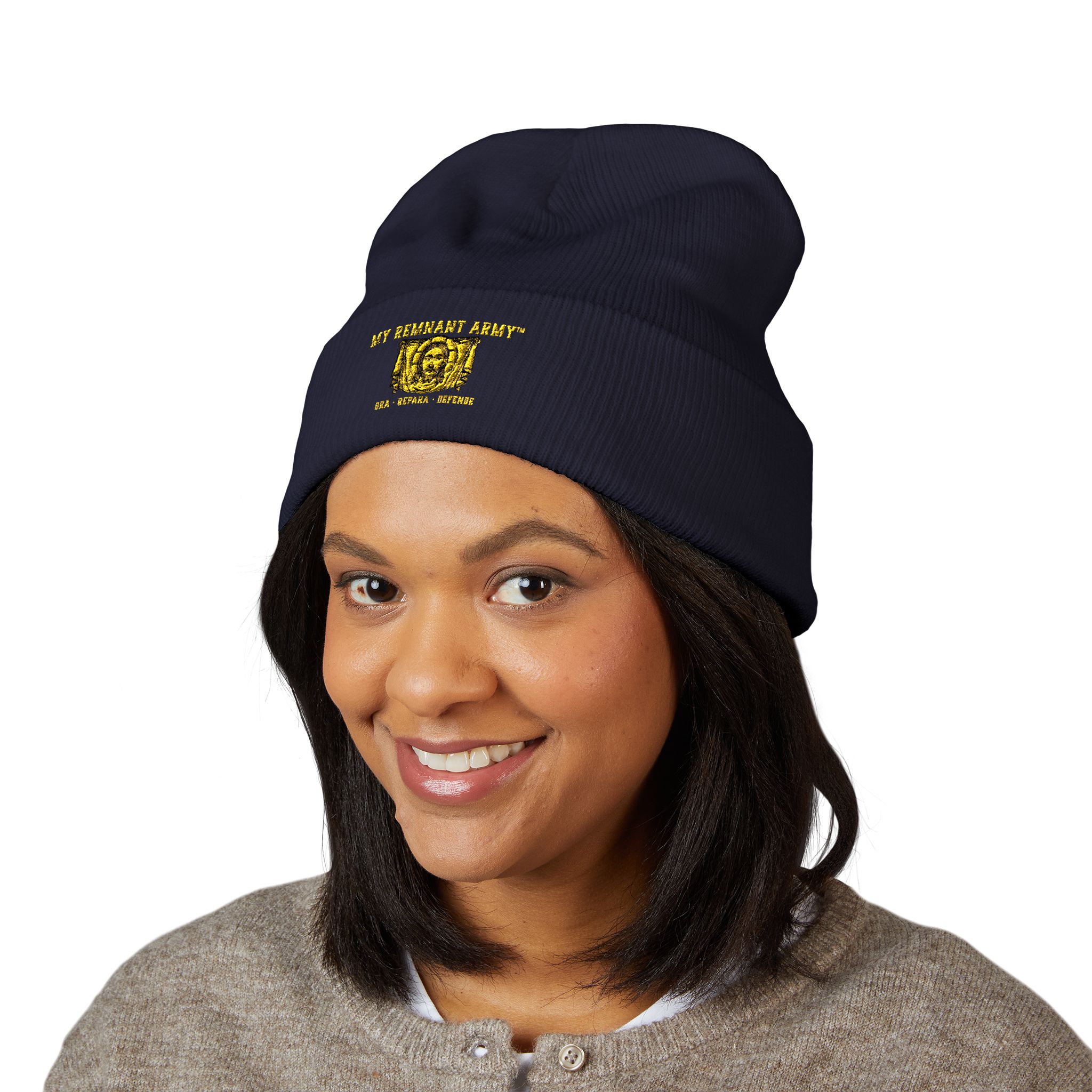 Embroidered Gold Crest Beanie — Classic Cuffed Knit Hat - Image 15