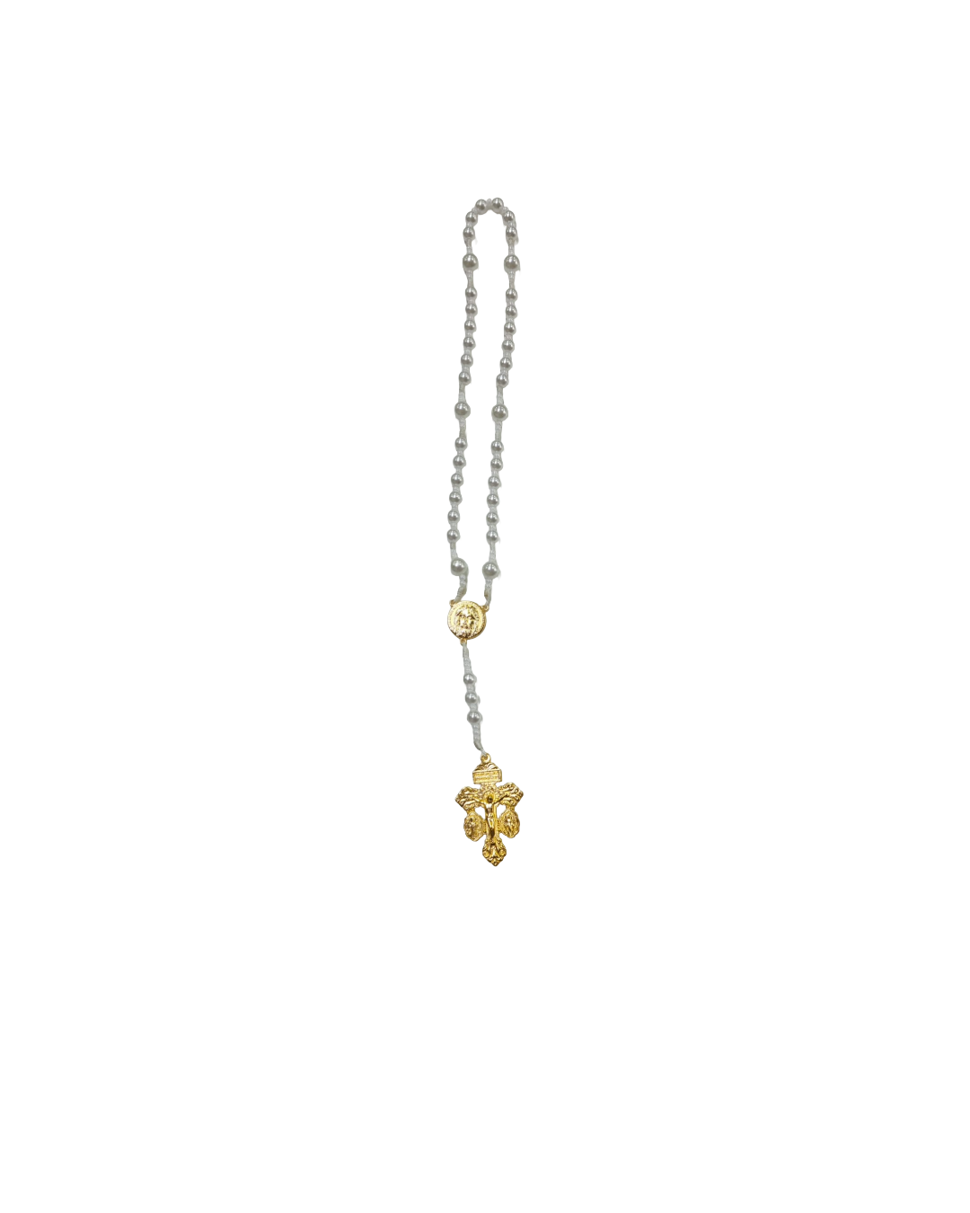 A pearl beaded necklace with a centered gold medallion and an intricate gold pendant hangs elegantly against a white background.