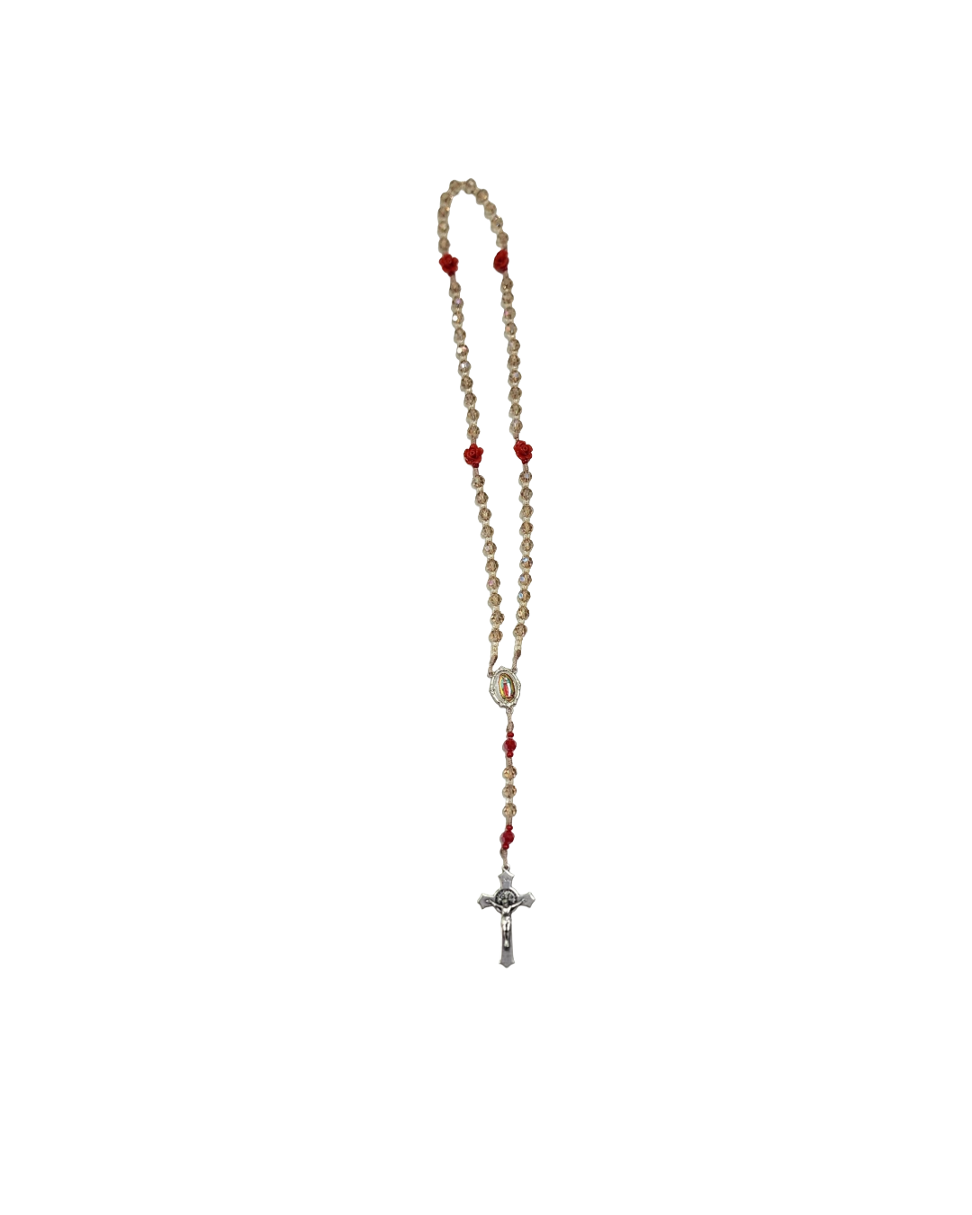 Rosary with beige beads and red accents linked to a silver crucifix. It exudes a sense of devotion and spirituality on a plain white background.
