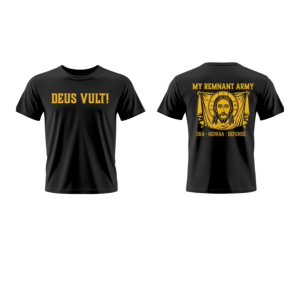 Black T-shirt with "DEUS VULT!" on the front in bold yellow text. The back showcases a religious icon with "MY REMNANT ARMY" and "ORA · REPARA · DEFENDE".