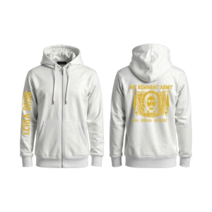 White Zip up Hoodie “Deus Vult!” On Right arm/ My Remnant Army Logo on the back of sweatshirt.