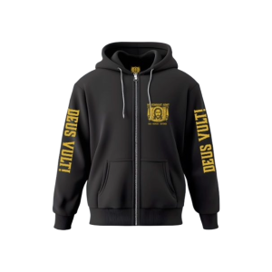 Black zip-up hoodie displaying yellow text "DEUS VULT!" on both sleeves. The left chest features a yellow graphic with an emblem. The style is bold and striking.