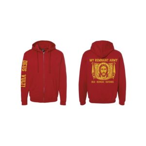 Red Zip up Hoodie Deus Vult on Right Arm with Holy Face Icon and My Remnant Army Logo on back of sweatshirt.