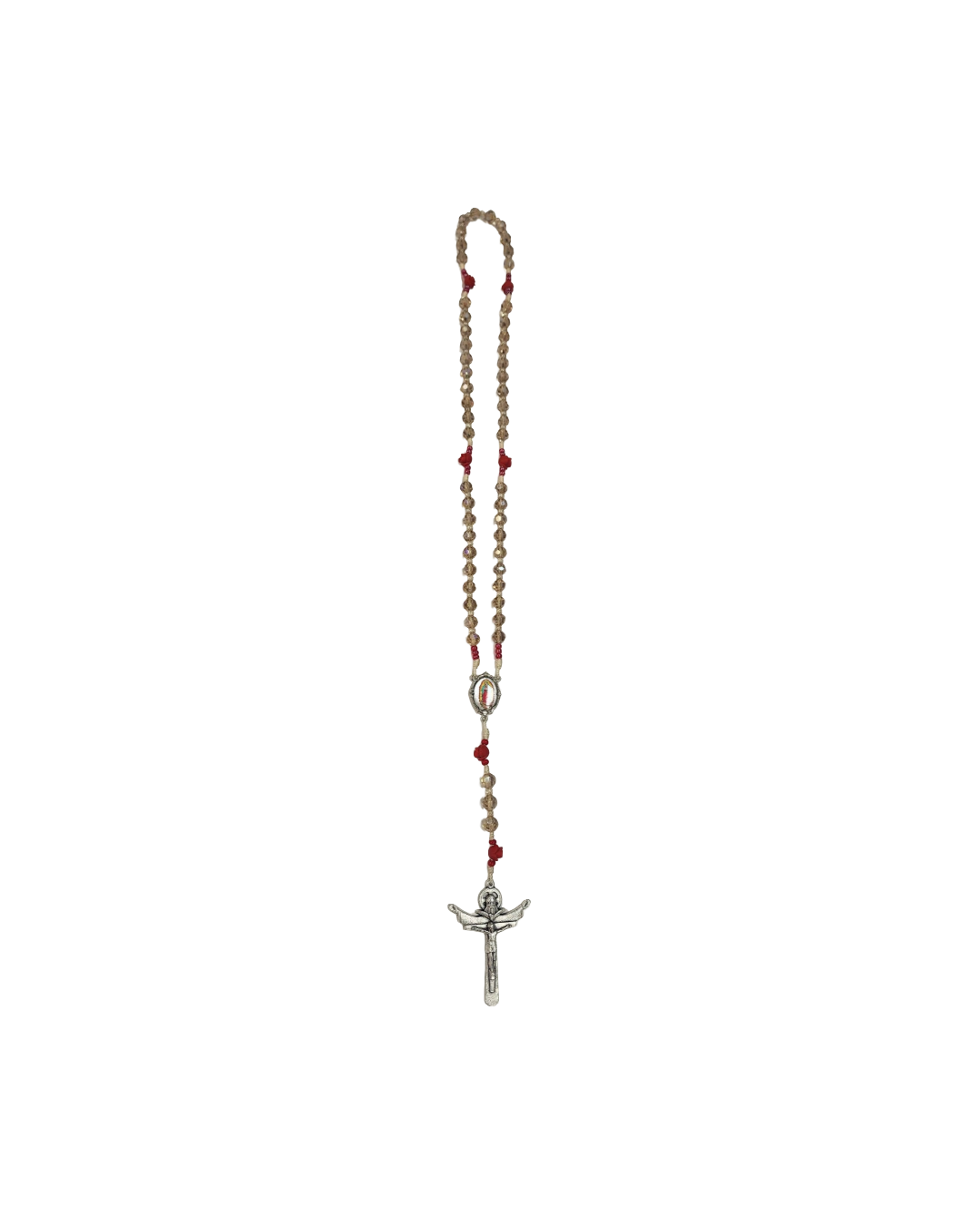 A rosary with beige beads and red accents, featuring a silver crucifix at the bottom. The piece conveys a sense of devotion and spirituality.