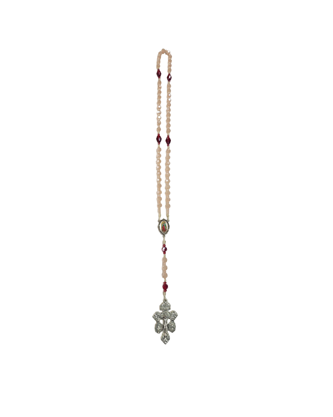 A necklace featuring pink beads and red accents, with a central medallion and an ornate silver cross pendant, suggesting elegance and spirituality.