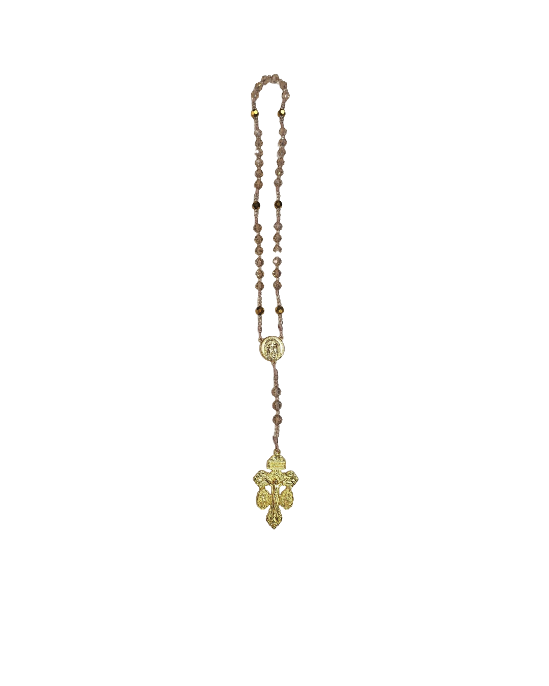 A rosary-style necklace with brown beads, featuring a gold medallion and an ornate gold cross pendant, arranged vertically on a white background.